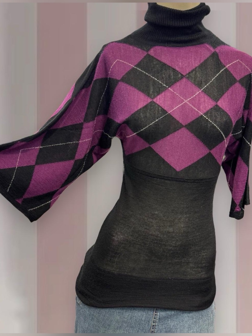 Le Chateau purple/black argyle sweater with bell sleeves and turtleneck,